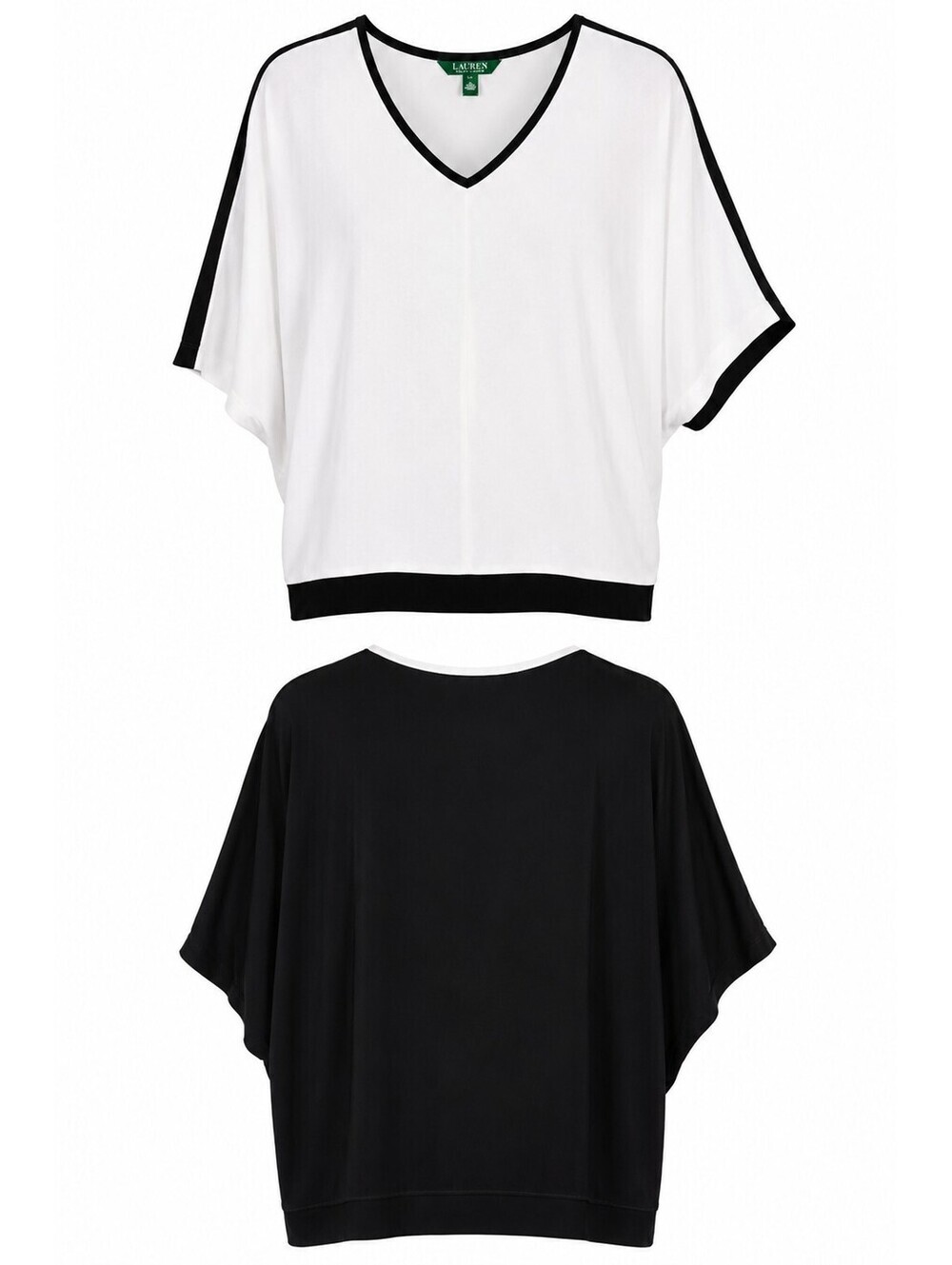 Lauren Ralph Lauren Colorblock V Neck Dolman Knit Top Black White Medium